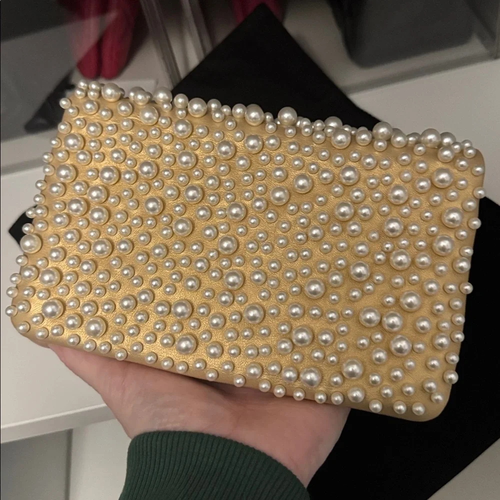 Authentic Rare Chanel Gold Pearl-Studded Flap Hand Bag